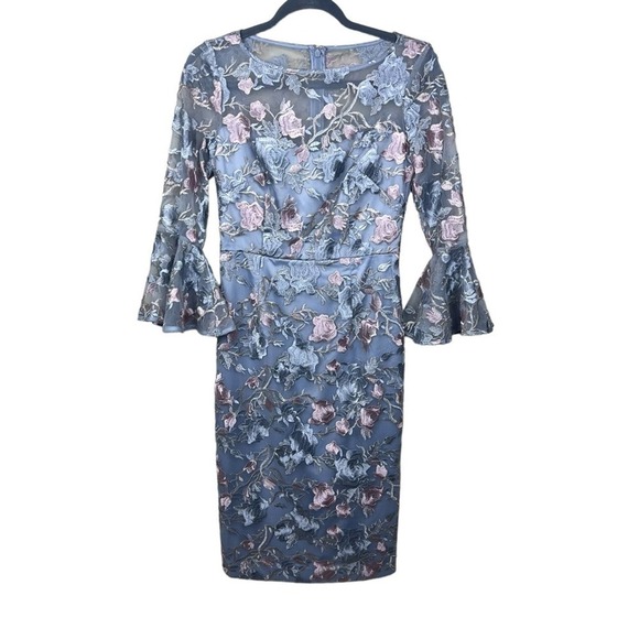 Eliza J Floral Embroidered Sheath Dress 2 Gray Pink  Bell Sleeves Floral Womens - Picture 6 of 13